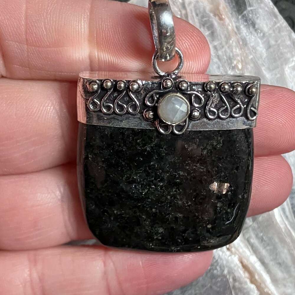 Coppernite and Rainbow Moonstone Crystal Pendant